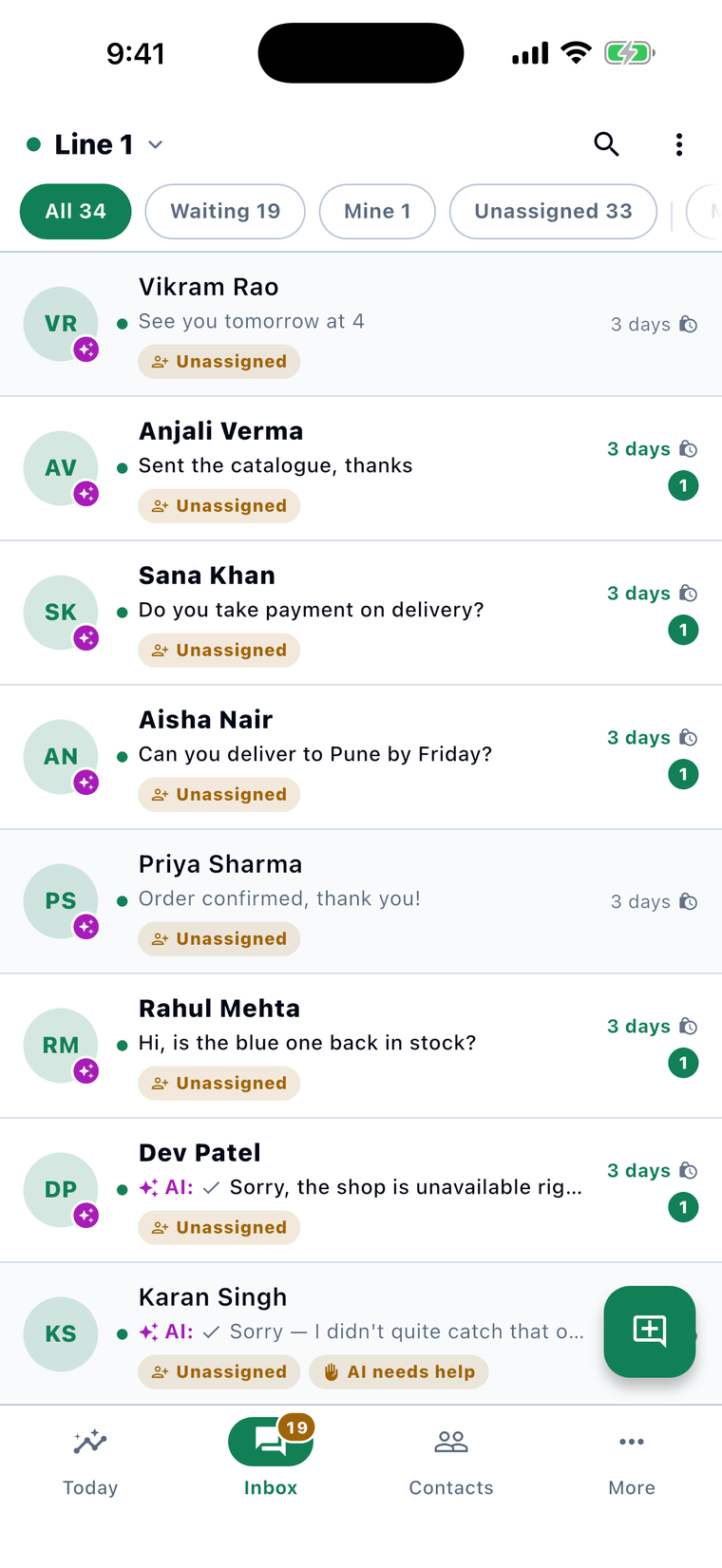 The Wanity mobile app showing the shared WhatsApp inbox